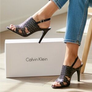 Calvin Klein Riya Perforated Black Patent Leather Heels Open Toe Sz 7M